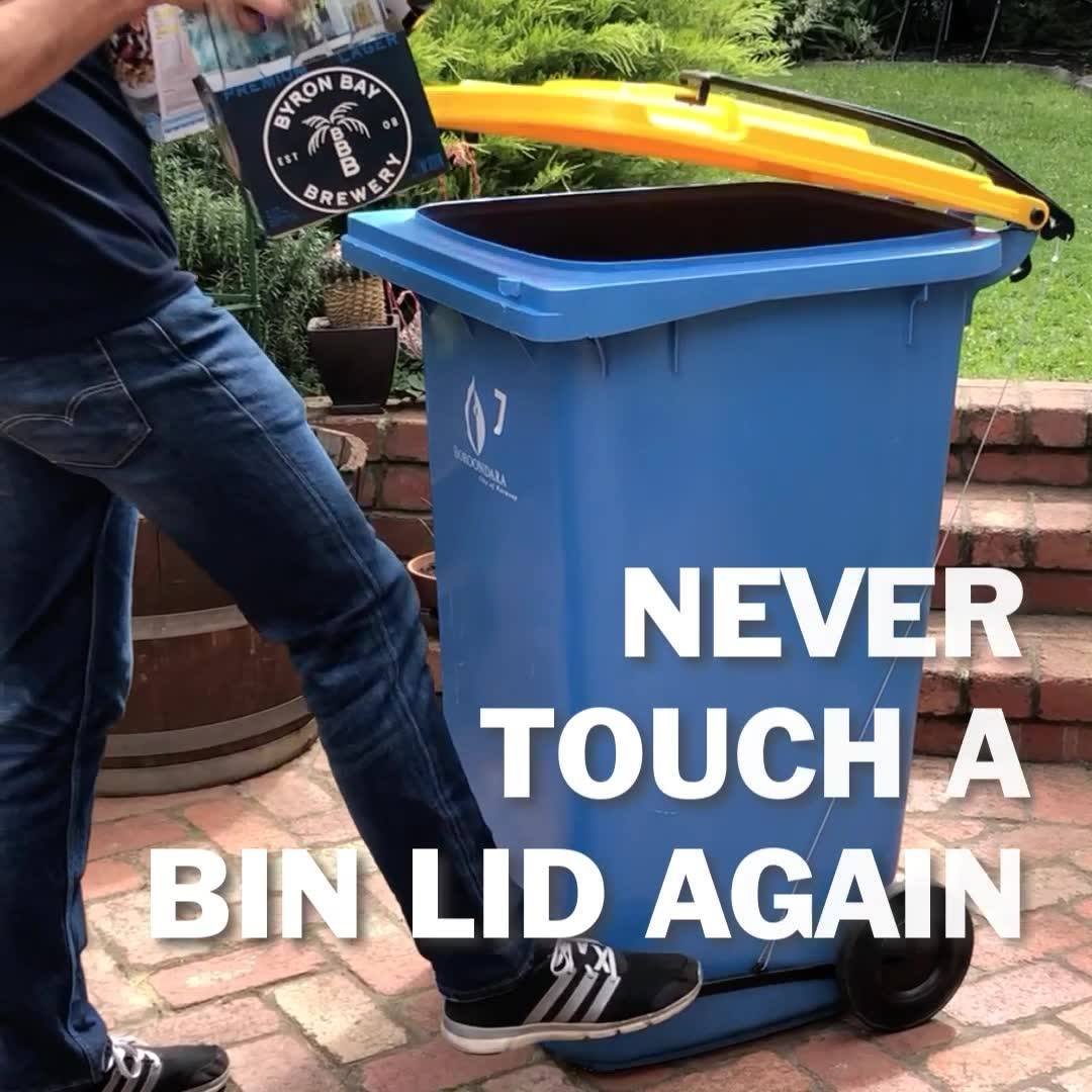 Person using the BLOP foot pedal to open a blue wheelie bin hands-free, with the message Never Touch a Bin Lid Again