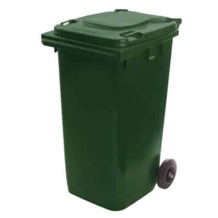 Green wheelie bin with matching green lid and two wheels, available from BLOP